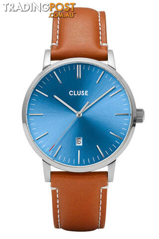 Cluse Mens Aravis Silver Blue/Light Brown Leather Watch CW0101501005 - 8719743374843