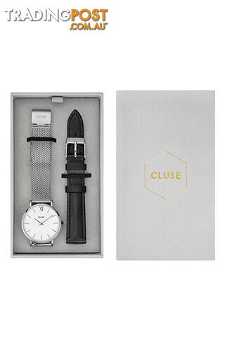 Cluse Minuit Silver Mesh Watch and Black Leather Strap Gift Box Set CG1519203003 - 8719743375581