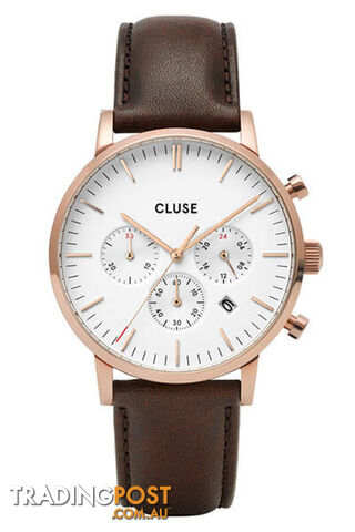 CLUSE Mens Aravis Chronograph Rose Gold White/Brown Leather Watch CW0101502002 - 8719743374911