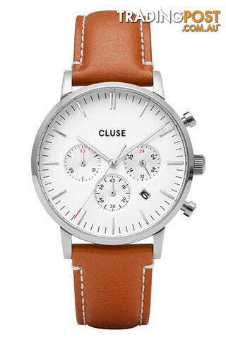 CLUSE Mens Aravis Chronograph Silver White/Light Brown Leather Watch CW0101502003 - 8719743374928