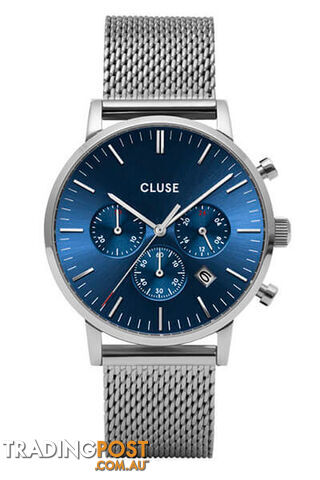 CLUSE Mens Aravis Chronograph Silver Dark Blue/Silver Mesh Watch CW0101502004 - 8719743374935