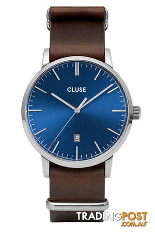 Cluse Mens Aravis Silver Dark Blue/Dark Brown Nato Watch CW0101501008 - 8719743374874