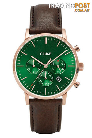 CLUSE Mens Aravis Chronograph Rose Gold Green/Dark Brown Leather Watch CW0101502006 - 8719743374959