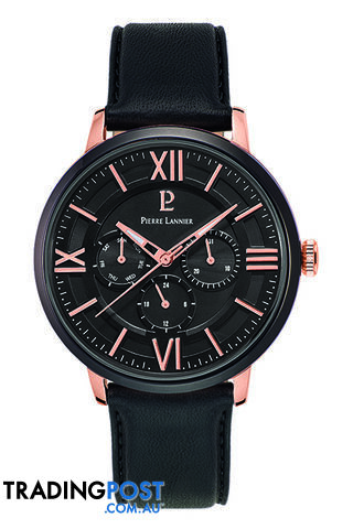 Pierre Lannier Beaucour Black Rose Gold/Black Leather Watch 254C433