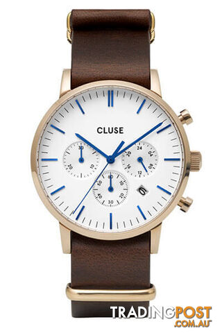 CLUSE Mens Aravis Chronograph Gold White/Dark Brown Nato Watch CW0101502009 - 8719743374980