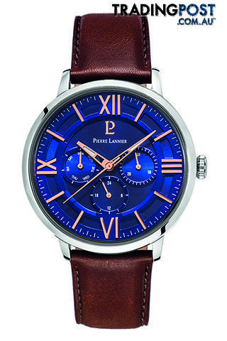 Pierre Lannier Beaucour Silver Blue/Brown Leather Watch 253C164