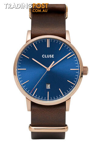 Cluse Mens Aravis Rose Gold Dark Blue/Dark Brown Nato Watch CW0101501009 - 8719743374881