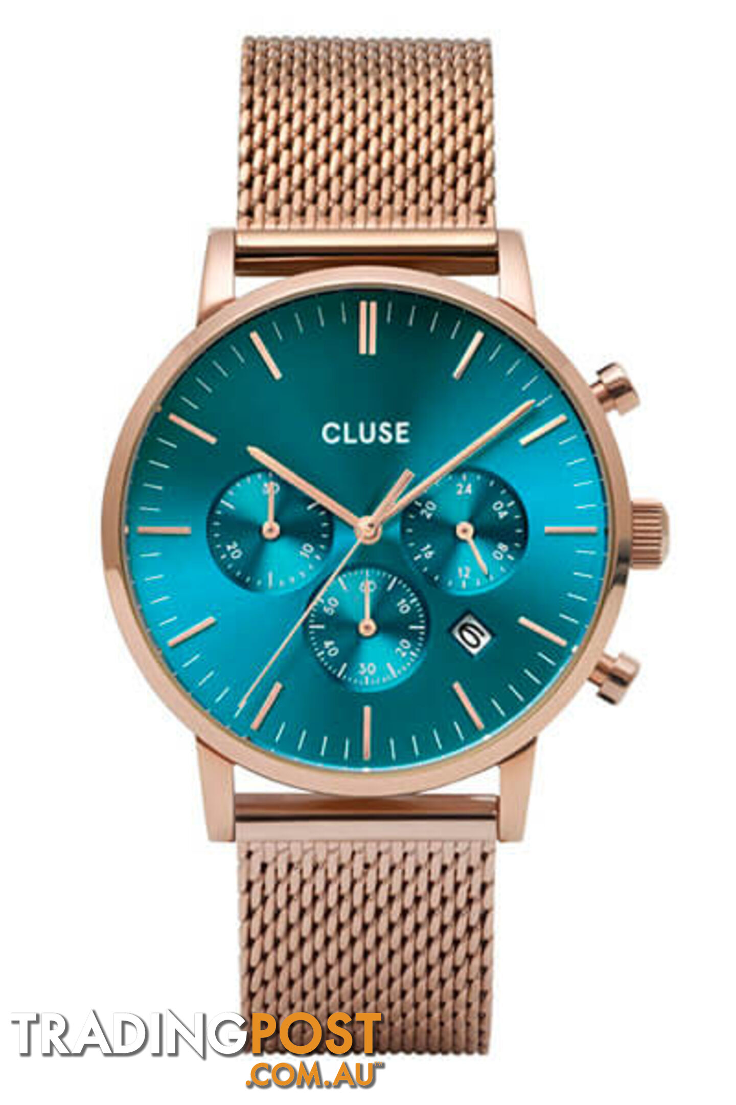 CLUSE Mens Aravis Chronograph Rose Gold Ocean Blue/Rose Gold Mesh Watch CW0101502005 - 8719743374942