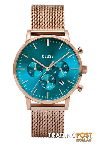 CLUSE Mens Aravis Chronograph Rose Gold Ocean Blue/Rose Gold Mesh Watch CW0101502005 - 8719743374942