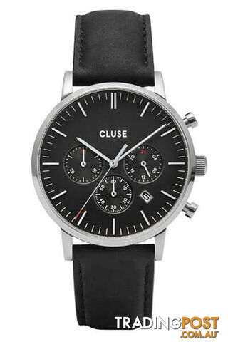 CLUSE Mens Aravis Chronograph Silver Black/Black Leather Watch CW0101502001 - 8719743374904