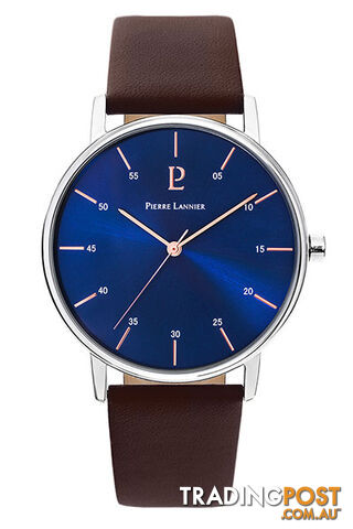 Pierre Lannier Cityline Silver Blue/Brown Leather Watch 202J164