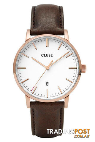 Cluse Mens Aravis Rose Gold White/Dark Brown Leather Watch CW0101501002 - 8719743374812