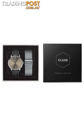 Cluse Aravis Leather Silver Warm Grey/Black Watch and Silver Mesh Strap Gift Box Set CG1519501001 - 8719743375598