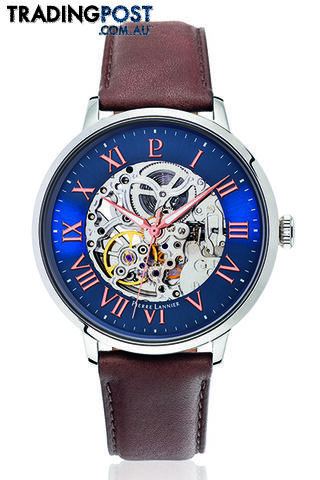 Pierre Lannier Automatic Skeleton Silver Blue/Brown Leather Watch 322B164