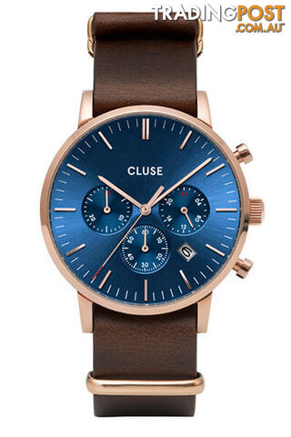 CLUSE Mens Aravis Chronograph Rose Gold Dark Blue/Brown Nato Watch CW0101502008 - 8719743374973