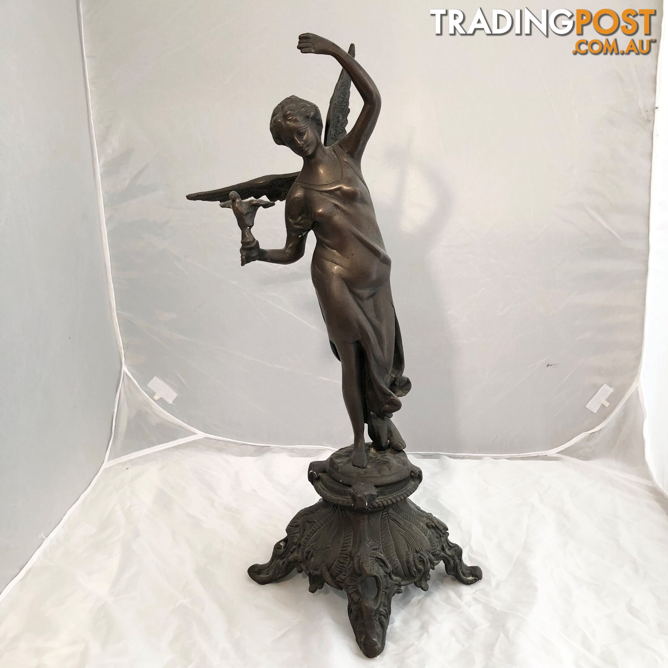 🕊Bronze Statue Art Nouveau Winged Angel of Peace Holding Dove