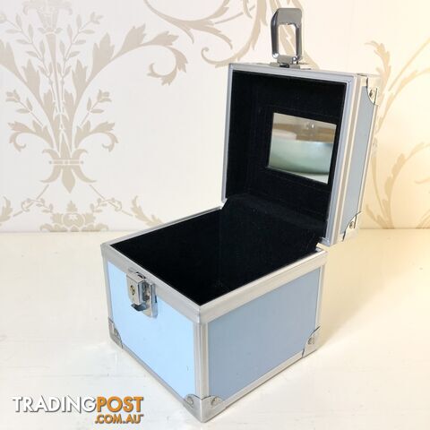 Portable Black Velvet Lined Alloy Blue Vanity Storage Case with Mirror