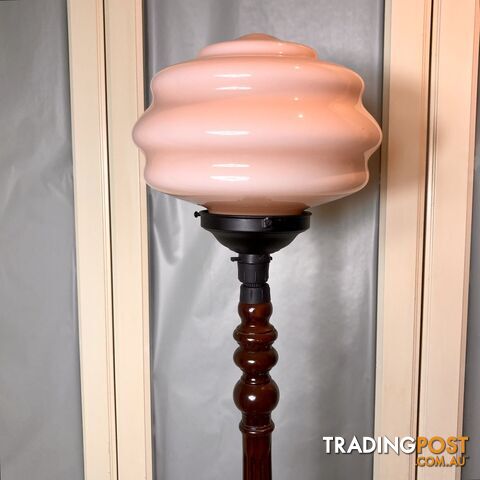 🍥Unique VNTG Pink Glass Standard Floor Lamp w/ Polished Timber Base