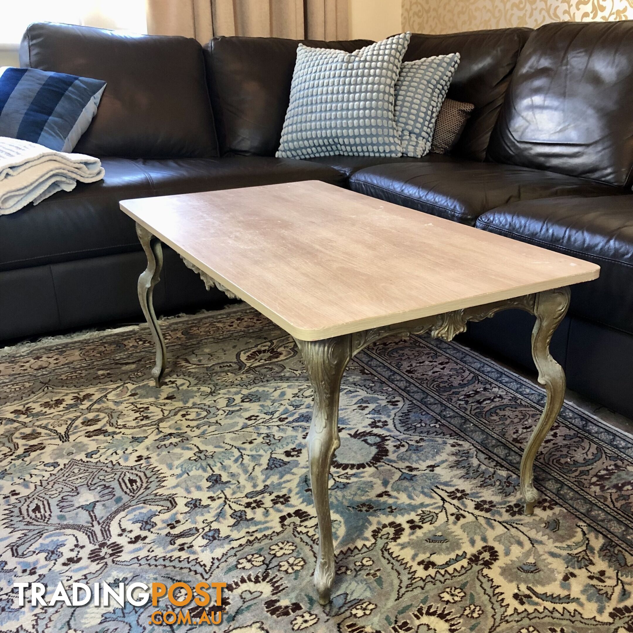 🥐Mid-Century French Louis XV Provincial Style Gilt & Patina Brass & Oak Look Top Coffee Table