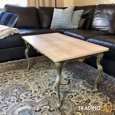 🥐Mid-Century French Louis XV Provincial Style Gilt & Patina Brass & Oak Look Top Coffee Table