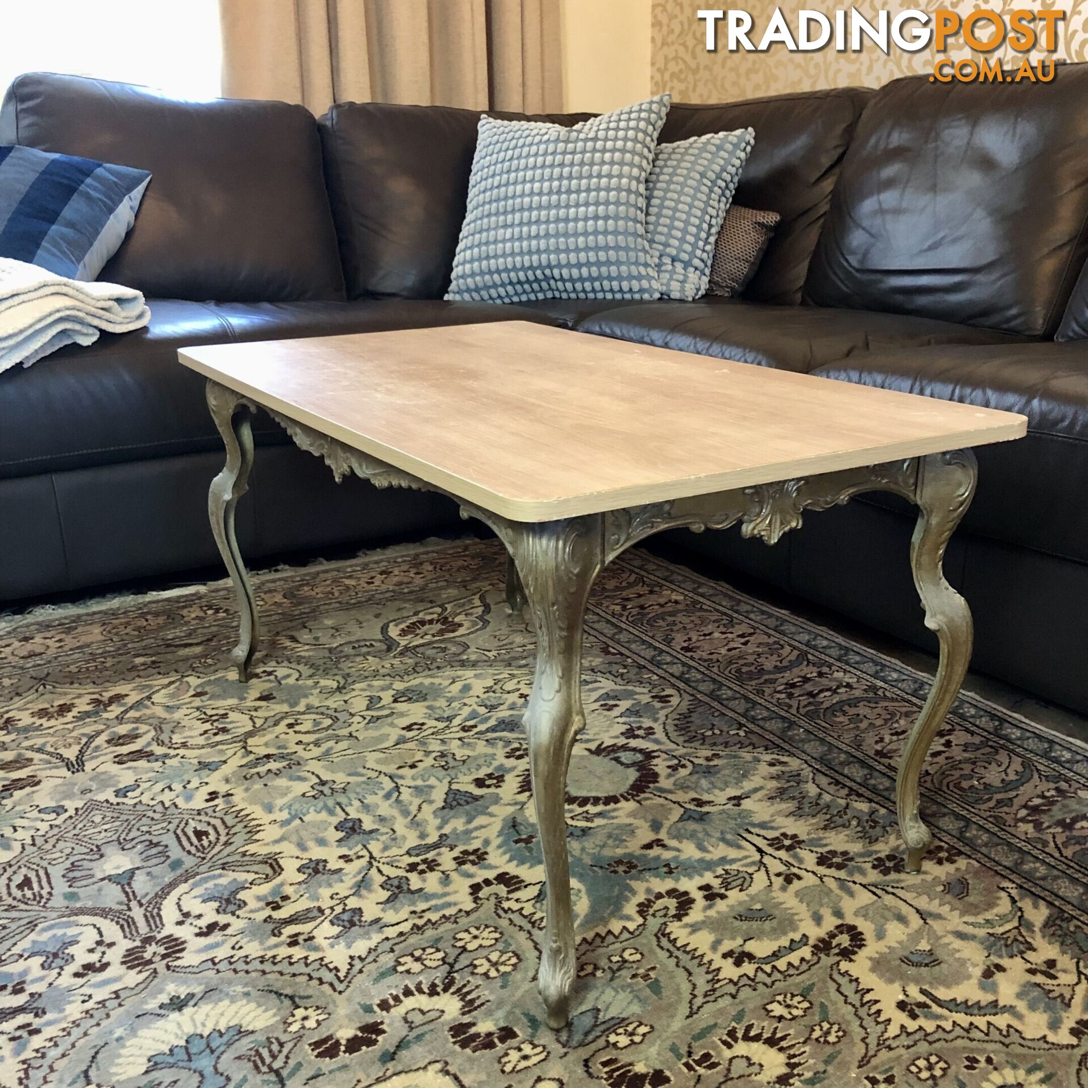 🥐Mid-Century French Louis XV Provincial Style Gilt & Patina Brass & Oak Look Top Coffee Table