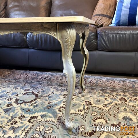 🥐Mid-Century French Louis XV Provincial Style Gilt & Patina Brass & Oak Look Top Coffee Table