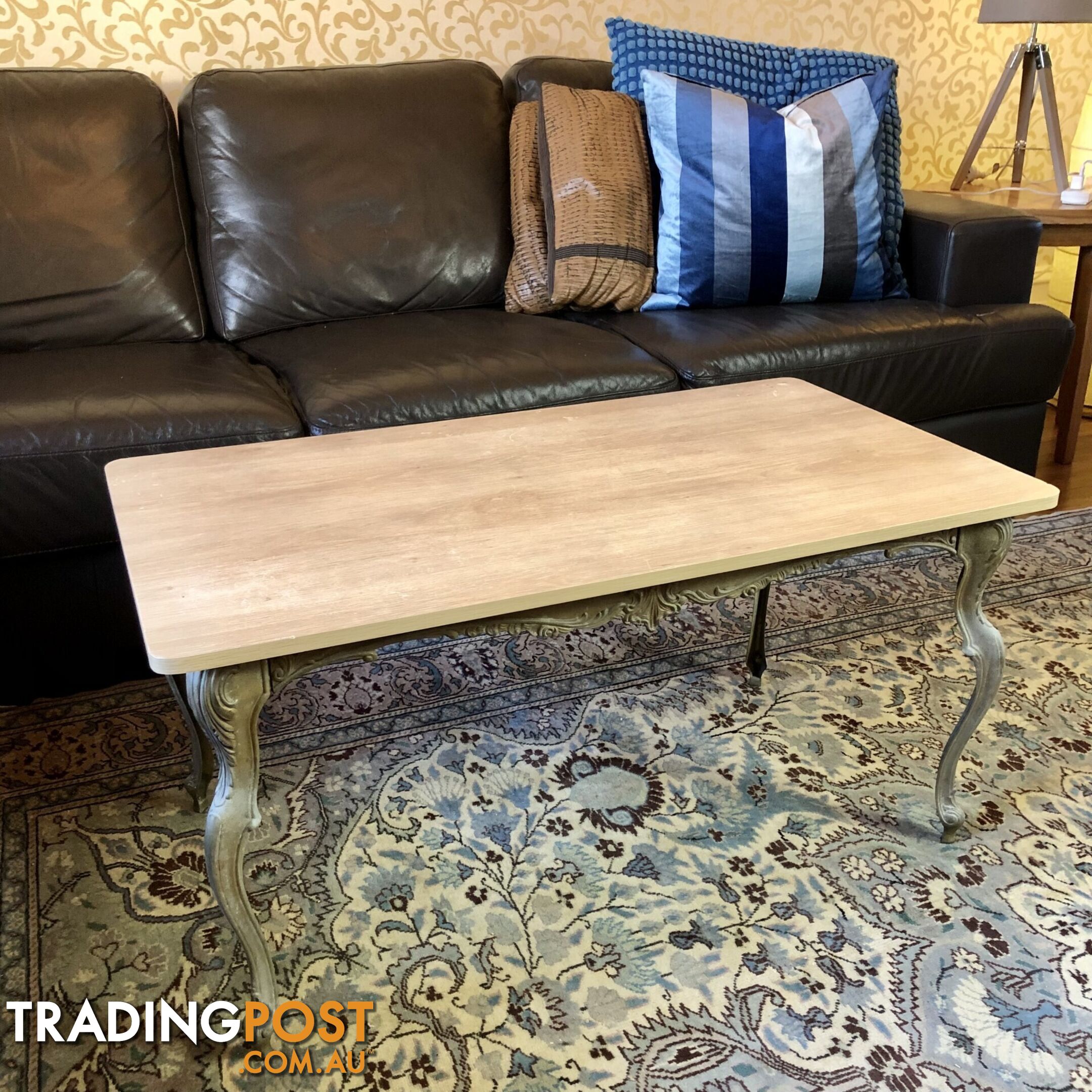 🥐Mid-Century French Louis XV Provincial Style Gilt & Patina Brass & Oak Look Top Coffee Table