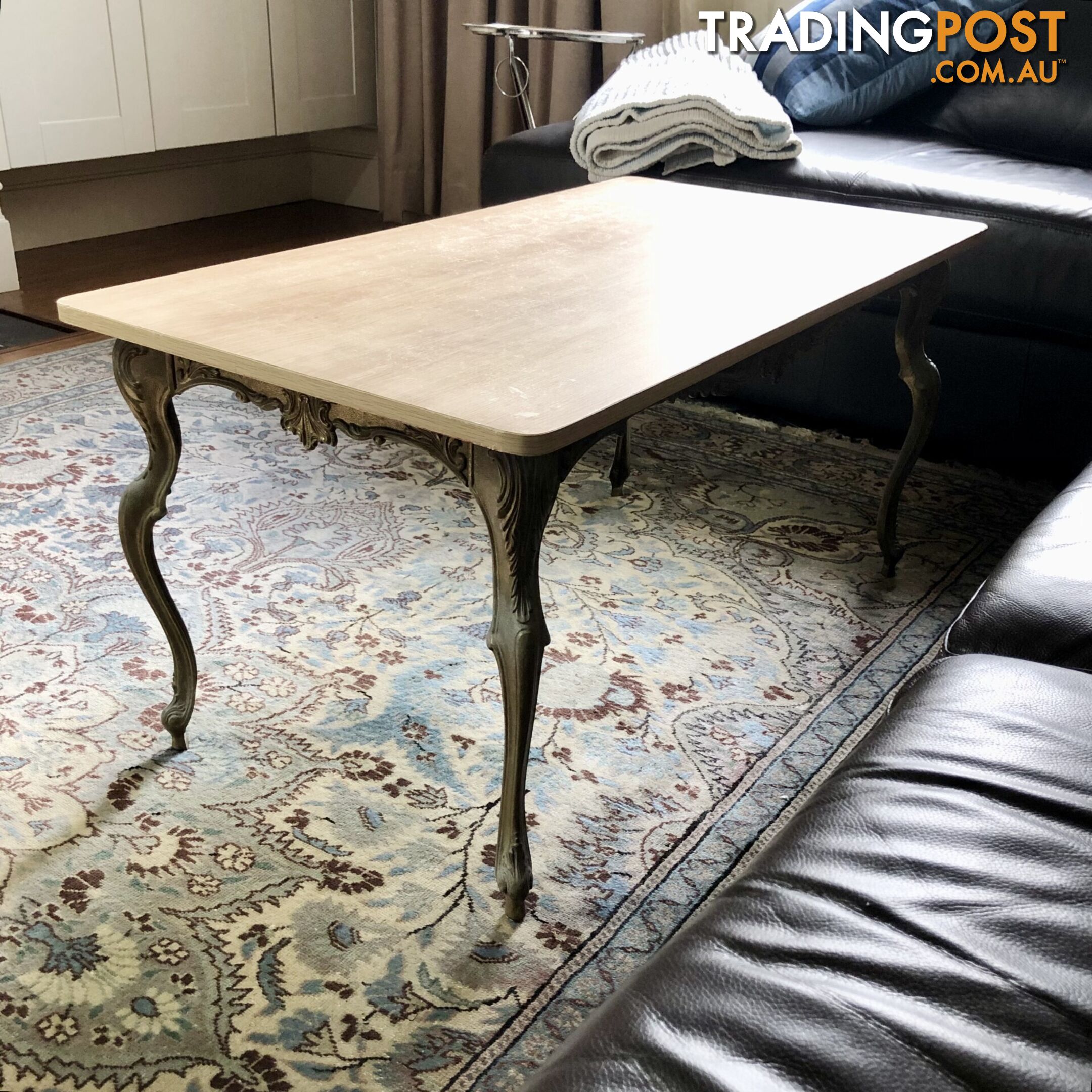 🥐Mid-Century French Louis XV Provincial Style Gilt & Patina Brass & Oak Look Top Coffee Table