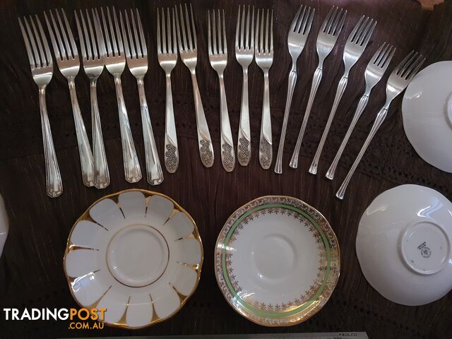 Job Lot of vintage saucers and silver forks , good for party