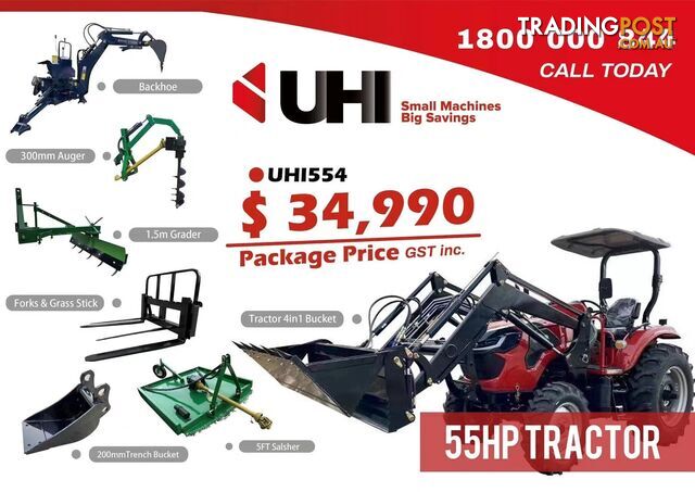 NEW UHI 55HP TRACTOR WITH 7 ATTACHMENTS, ONLY $34990