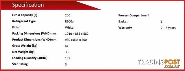 Freezer Chest New 200Ltr. 8 YEAR WARRANTY. ALL SIZES AVAILABLE.