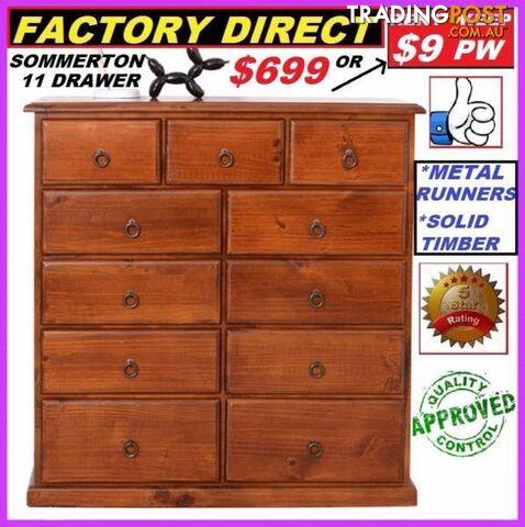New Tallboy 11 Drawers Solid Timber. Pay Cash $699 Or Rent $9 P/W