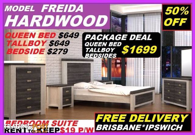 New Queen Bed Hardwood $649. RENTAL OPTION $7.50 Per Week.