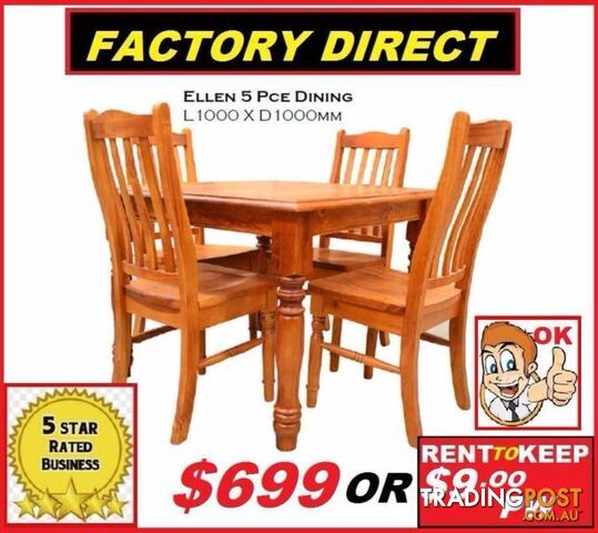 New Dining suite 5 piece chunky solid timber $699. Rent $7.50PW
