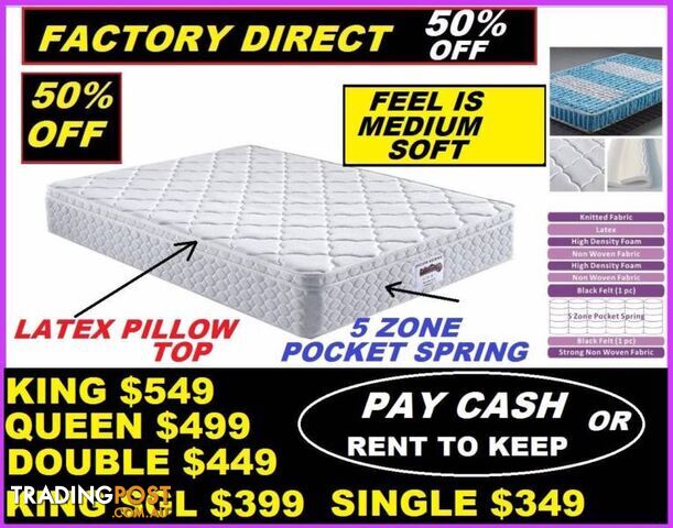 NEW QUEEN MATTRESS $499. KING, DOUBLE, SINGLE. RENT FROM $5.20PW