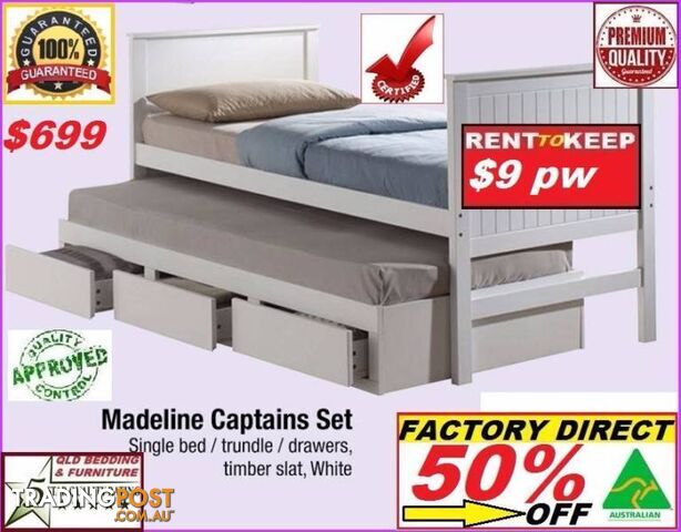 New Single Trundle Bed Wit Drawers. Cash $699 Or Rent Keep $9PW