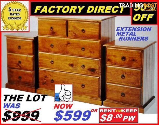 Tallboy New And Two Bedsides $599 Or RENT TO KEEP FOR $8 PW