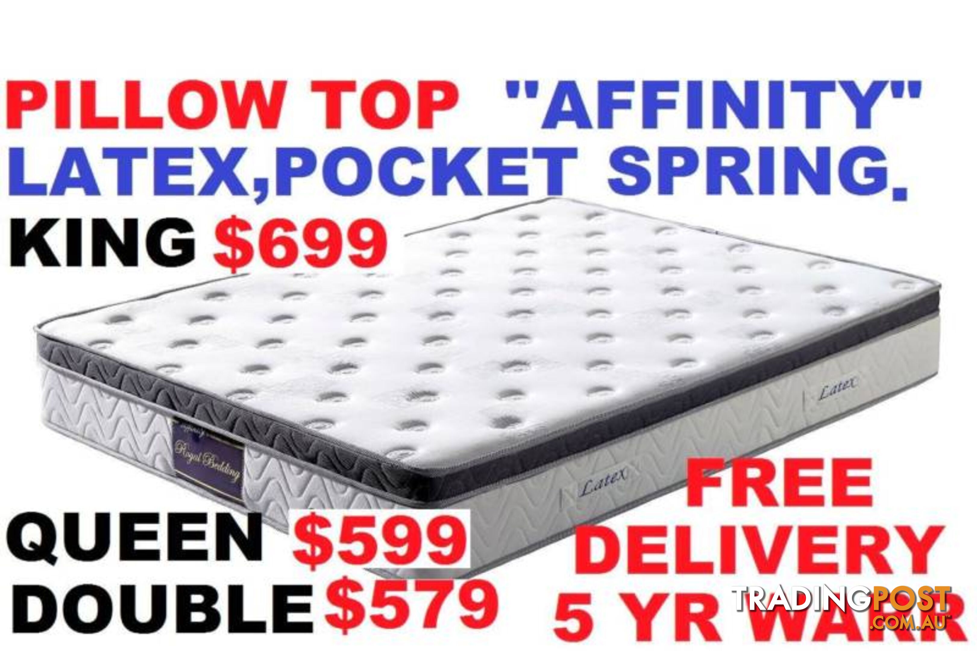 NEW QUEEN MATTRESS LATEX PILLOW TOP POCKET SPRING. RENT $6.35PW