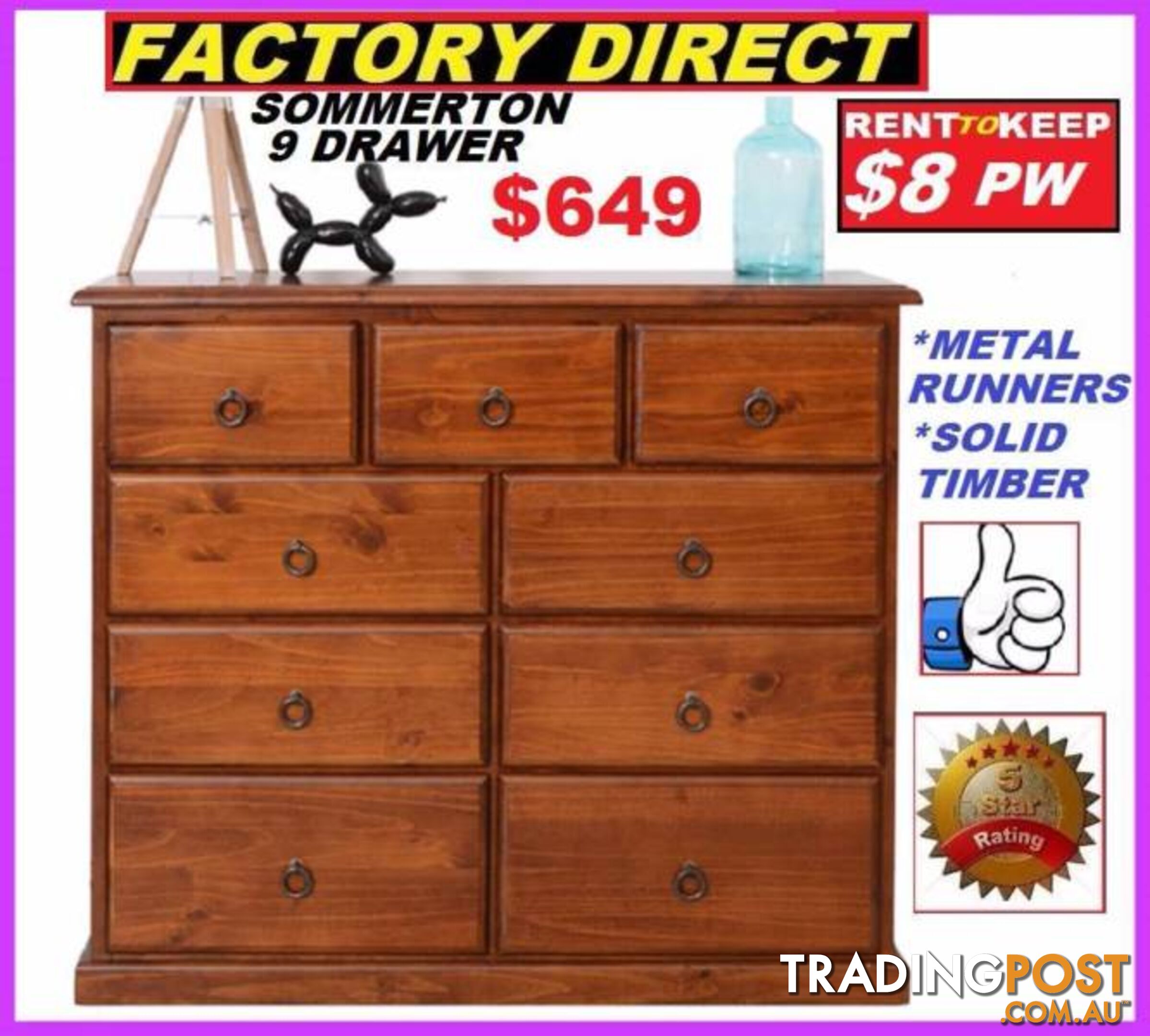 Brand New Tallboy 9 Drawers Timber . Cash $649 Or RENT For $8 P/W