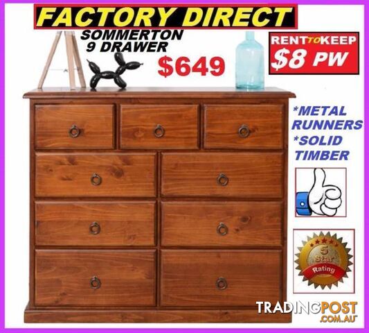 Brand New Tallboy 9 Drawers Timber . Cash $649 Or RENT For $8 P/W