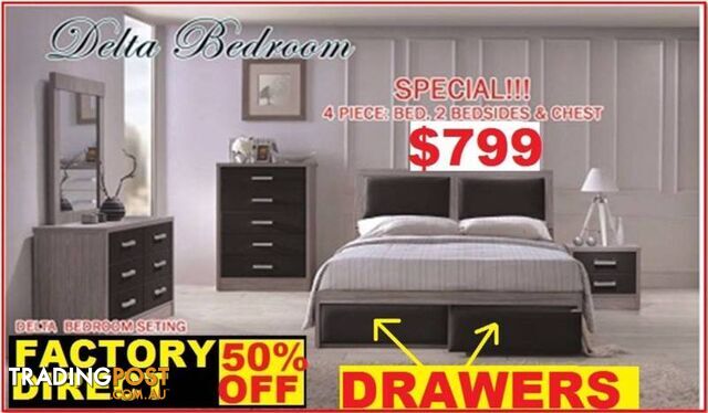 NEW QUEEN BED Plus Tallboy And Bedsides $799. RENT KEEP $9.45 PW