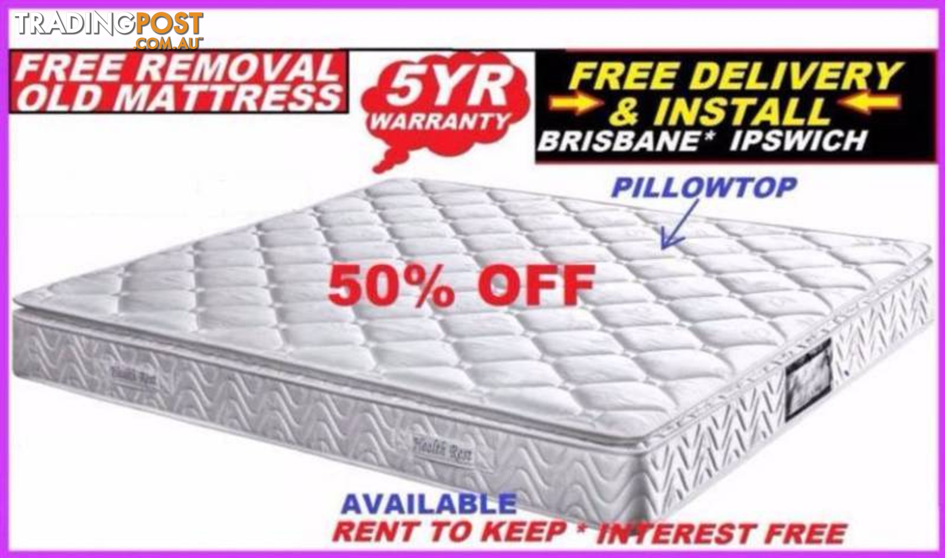 NEW QUEEN MATTRESS $279, DOUBLE $269, SINGLE $229. 50% OFF