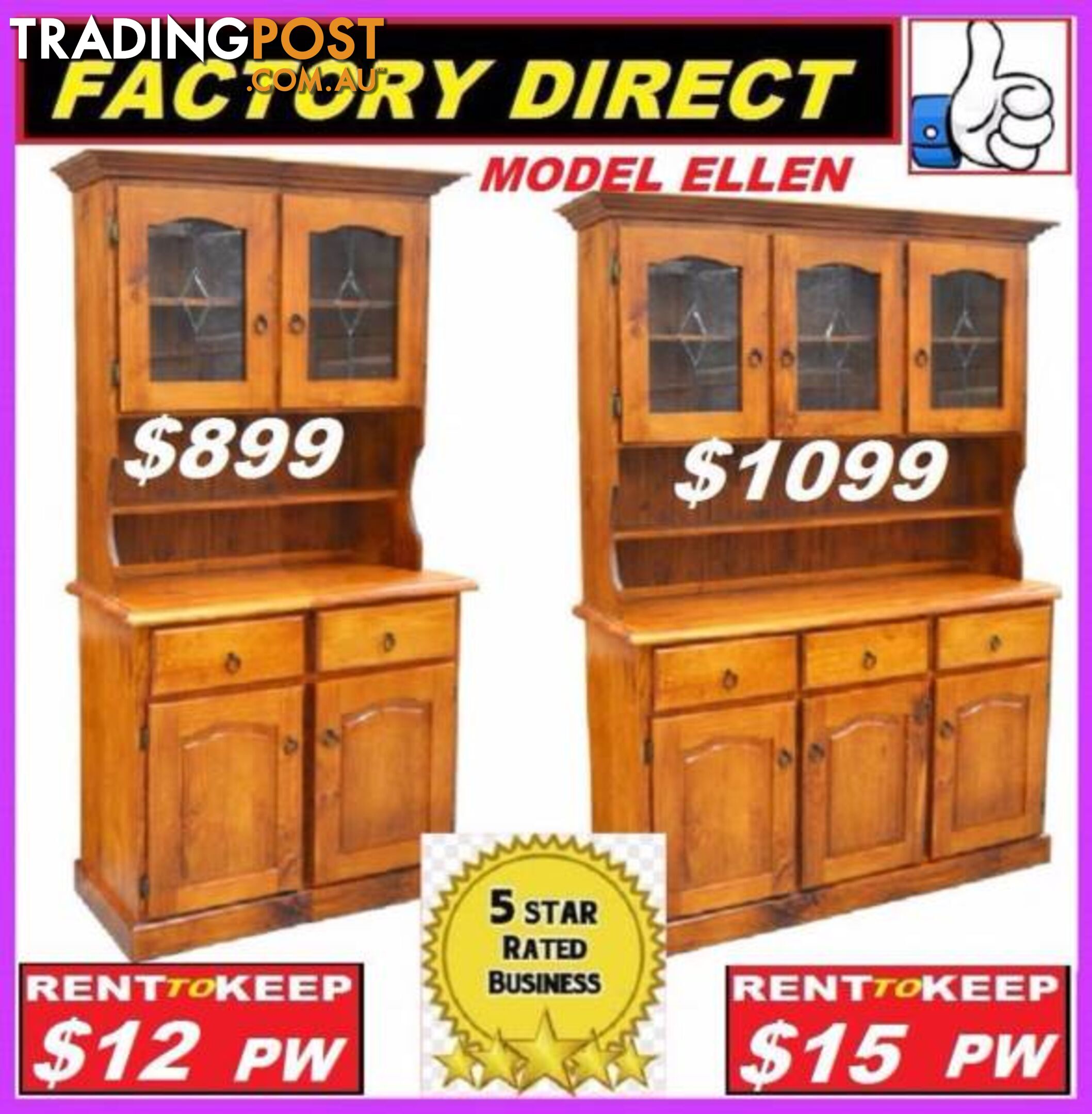 NEW Buffet Hutch Lead Light Solid. All Sizes. RENT KEEP $9.25 PW