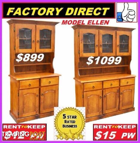 NEW Buffet Hutch Lead Light Solid. All Sizes. RENT KEEP $9.25 PW