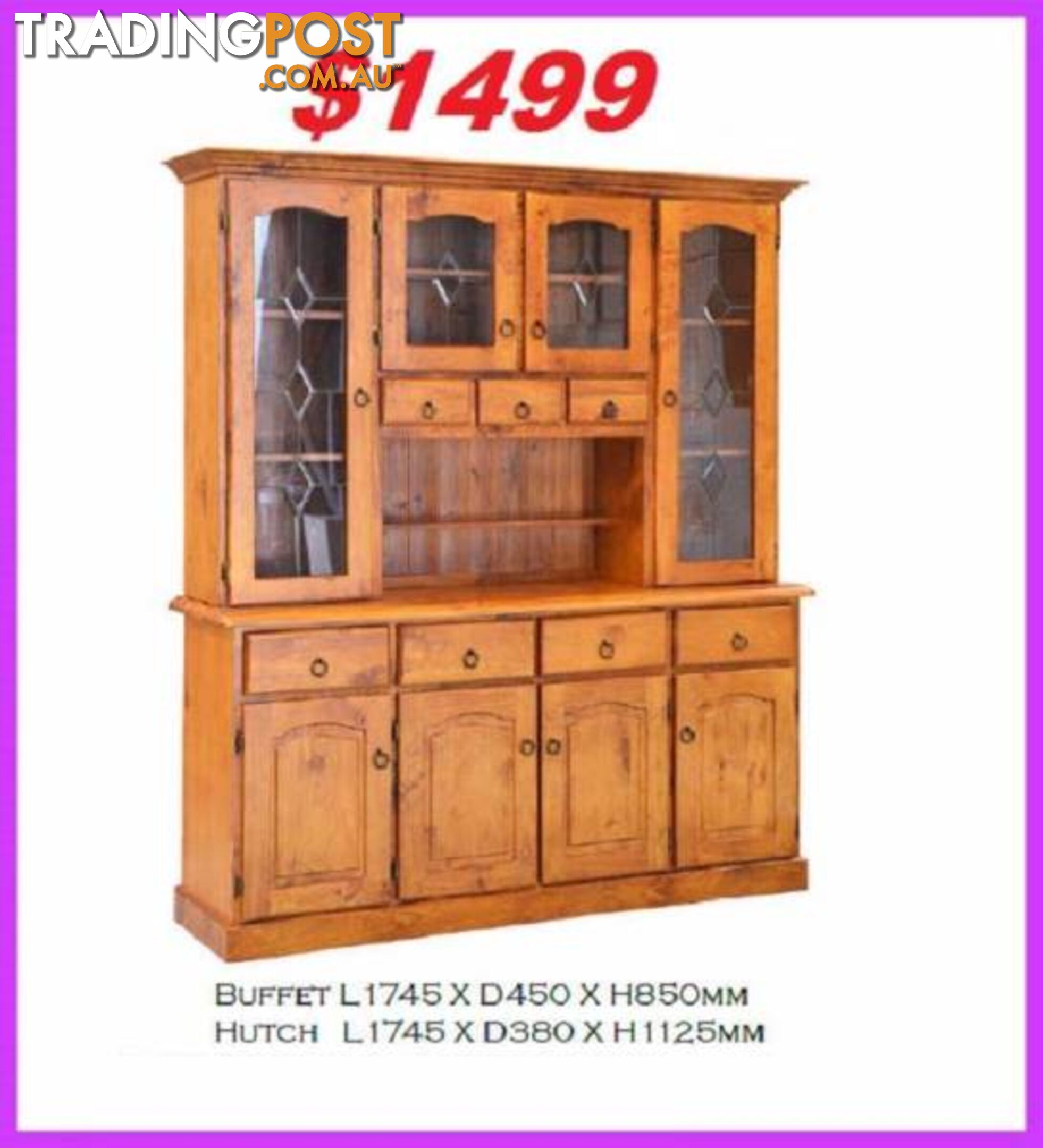 NEW Buffet Hutch Lead Light Solid. All Sizes. RENT KEEP $9.25 PW