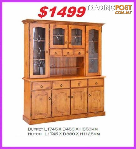 NEW Buffet Hutch Lead Light Solid. All Sizes. RENT KEEP $9.25 PW