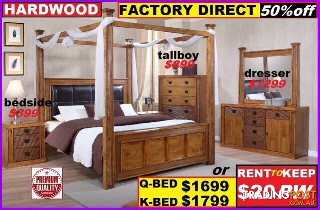 New Queen Canopy Bed Hardwood 4 Poster $1699. King $1799.