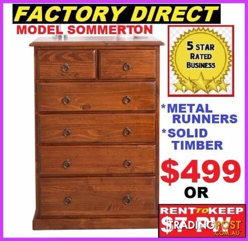 New Tallboy 6 Drawers. PAY CASH $499 OR RENT $7 P/W.