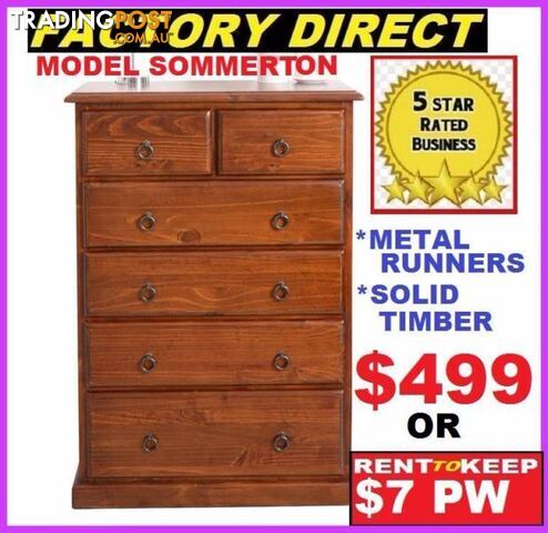 New Tallboy 6 Drawers. PAY CASH $499 OR RENT $7 P/W.