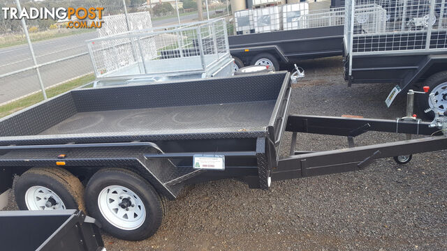9 X 5 HEAVY DUTY TANDEM 1990KG GVM 12" SIDES, FULL CHECKER PLATE, DROP FRONT, NEW RIMS AND TYRES AND JOCKEY WHEEL